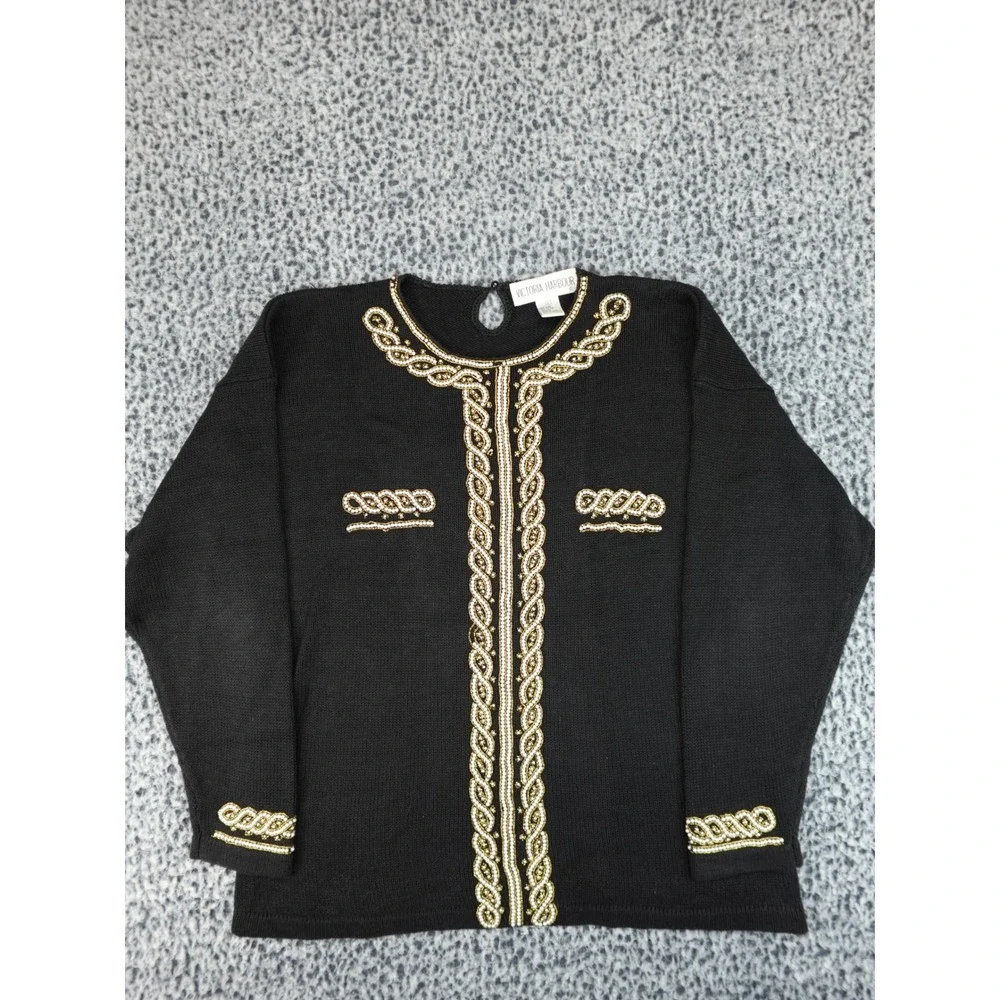 Victoria Harbour Beaded Sweater Womens Large‎ Black Gold Faux Pearl Ramie Cotton